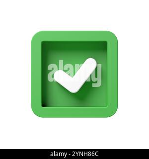 Grünes Häkchen isoliert auf weißem Hintergrund. Häkchen-Symbol. Kreis. Kontrollkästchen. 3D-Abbildung. Stockfoto