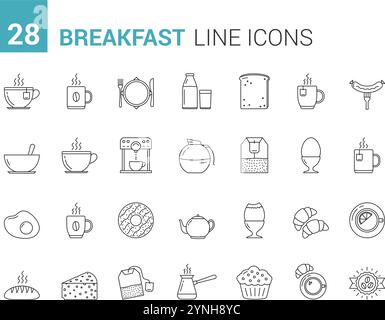 28 Symbole der Frühstückslinie, Ikonen für Speisen und Getränke am Morgen, Illustration der Vektoreps10 Stock Vektor
