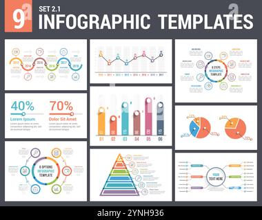 9 Infografikvorlagen, Satz 2, Farben 1 – Zeitachse, Balken- und Liniendiagramme, Pyramide, Tortendiagramm, Prozent, Schritte/Optionen, Kreisdiagramm, Vektor eps10 il Stock Vektor