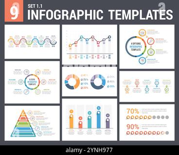 9 Infografikvorlagen, Satz 1, Farben 1 - Zeitachsen, Balken- und Liniendiagramme, Pyramide, Tortendiagramm, Prozent, Schritte/Optionen, Kreisdiagramm, Vektor eps10 i Stock Vektor