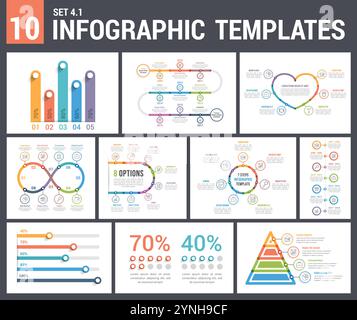 9 Infografikvorlagen, Satz 4, Farben 1 - Zeitachsen, Balkendiagramme, Pyramide, Prozent, Schritte/Optionen, Kreisdiagramm, Vektor-eps10-Illustration Stock Vektor
