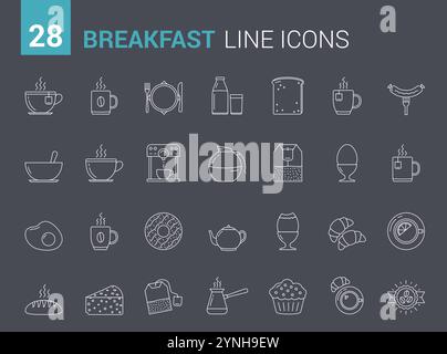 28 Symbole der Frühstückslinie, Ikonen für Speisen und Getränke am Morgen, Illustration der Vektoreps10 Stock Vektor