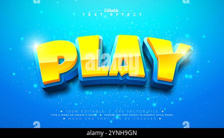 3D-Texteffekt abspielen Gestalten Sie bearbeitbaren und skalierbaren Vektor-Grafikeffekt mit gelber und blauer Typografie mit Schatten auf glänzendem Hintergrund Stock Vektor