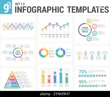 9 Infografikvorlagen, Satz 1, Farben 2 - Zeitlinien, Balken- und Liniendiagramme, Pyramide, Tortendiagramm, Prozent, Schritte/Optionen, Kreisdiagramm, Vektor eps10 i Stock Vektor