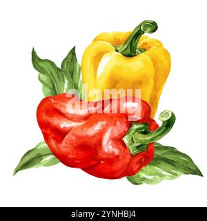 Bunte Süße Paprika mit grünen Blättern. Aquarell handgemalte Illustration, isoliert auf weißem Hintergrund Stockfoto