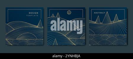 Vektorsatz von Winterlandschaften Strichkarten, Linie japanische Hügel und weihnachtsbäume Muster. Nächtliche kalte Szene, goldene auf blaue Illustrationen. Stock Vektor