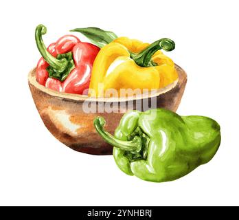 Bunte Süße Paprika in der Schüssel. Aquarell handgemalte Illustration, isoliert auf weißem Hintergrund Stockfoto