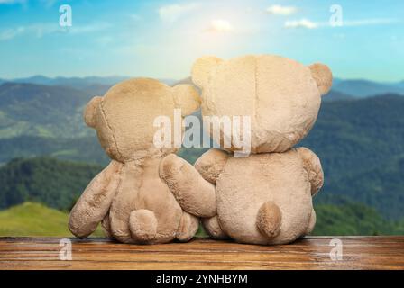 Flauschige Teddybären auf hölzerner Oberfläche mit Blick auf die malerische Berglandschaft, Rückblick Stockfoto