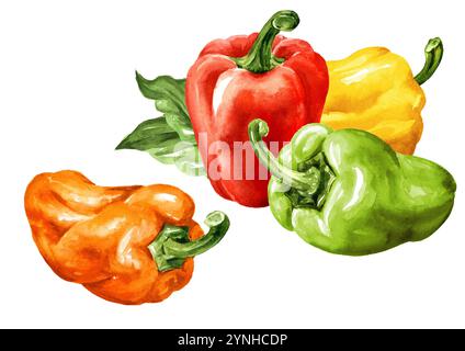 Bunte Süße Paprika mit grünen Blättern. Aquarell handgemalte Illustration isoliert auf weißem Hintergrund Stockfoto