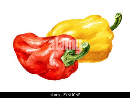 Bunte Süße rote und gelbe Paprika. Aquarell handgemalte Illustration isoliert auf weißem Hintergrund Stockfoto