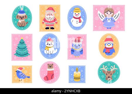 Sammlung von Briefmarken mit süßen Weihnachtsfiguren Stock Vektor
