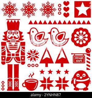 Nussknacker Folk Art Stil Weihnachten skandinavisches Muster mit Soldaten, Vögeln, Blumen und Bäumen. Nicht-KI generiert Stock Vektor