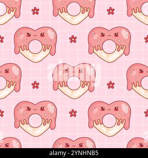 Nahtloses Muster mit süßem Donut-Herz und fruchtigem Zuckerguss. Lustige romantische Kawaii-Zeichentrickfigur süßes Essen auf rosa kariertem Hintergrund. Vektor i Stock Vektor