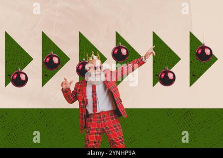 Trend Artwork Poster Composite Sketch Bild Collage von weihnachten Winter Urlaub Alter Mann Show Geschenk riesige Kugel Spielzeug Tanne Dekor hinter Stockfoto
