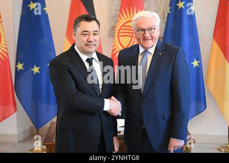 Berlin, Deutschland. November 2024. Bundespräsident Frank-Walter Steinmeier (r) begrüßt Sadir Japarov, den Präsidenten der Kirgisischen Republik, im Schloss Bellevue. Quelle: Sebastian Christoph Gollnow/dpa/Alamy Live News Stockfoto