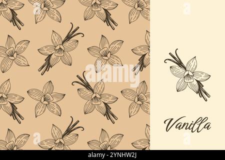 Vanilleetikett für aromatische Gewürze, Muster mit Blumen und Vanillestangen auf Bastelpapier. Vektorabbildung Stock Vektor