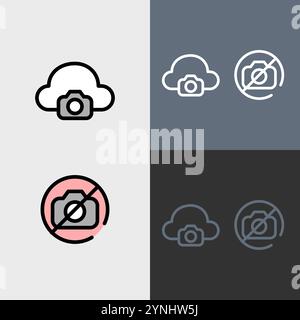 Schild „Wolkenfotografie und Fotografie nicht erlaubt“ – Clean and Modern Photography and Video Symbol Set. Stock Vektor