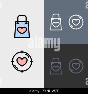 Einkaufstasche mit Herz und Liebe Zielgruppe - sauberes und modernes Valentinstag-Symbol Set. Stock Vektor