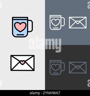 Kaffeetasse mit Herz und Liebesbrief - sauberes und modernes Valentinstag-Symbol-Set. Stock Vektor