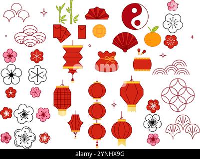 Illustrationsset zum Neujahrsfest. Vektorgrafik-Illustrationssatz traditioneller Elemente. Rote Laternen, Kirschblüten, Mandarine, Bambus, roter Umschlag Stock Vektor