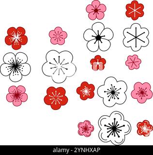 Vektor-Illustration von handgezeichneten roten rosa und weißen grafischen Blüten. Niedliches Doodle Blumenkranz Rahmen Set Stock Vektor