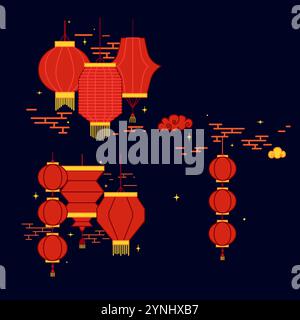 Set chinesischer roter Papierlaternen, Nachtkompositionen. Festliche Themen, kulturelle Präsentationen, dekorative Zwecke. Moon Festival Vektor-Grafik illus Stock Vektor