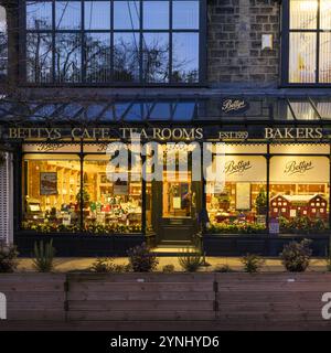 Weihnachtlich dekorierte Fenster (beleuchtete Straße, Glasdach, Name der Bäckerei, Winterabend) - Bettys Café Tea Room, Ilkley, Yorkshire, England, Großbritannien. Stockfoto