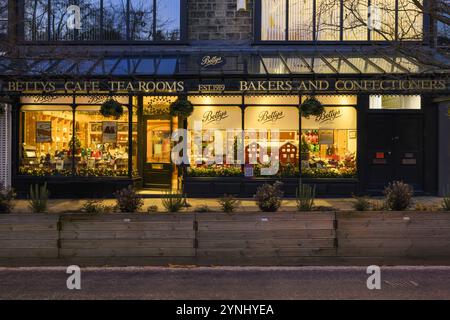 Weihnachtlich dekorierte Fenster (beleuchtete Straße, Glasdach, Name der Bäckerei, Winterabend) - Bettys Café Tea Room, Ilkley, Yorkshire, England, Großbritannien. Stockfoto