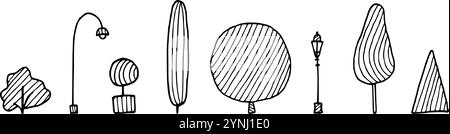 Kritzeln Sie handgezeichnete Silhouetten von Bäumen und Büschen für die Landschaftsgestaltung in der Stadt. Vintage-Zeichnung mit schwarzer Tinte für Symbol, Logo oder Design Stock Vektor