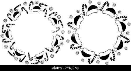 Weihnachtsmannmützen, Schneeflocken und gestreifte Candy Cane Schwarzer und weißer runder Rahmen mit Rand Kopierraum Vorlage Idee. Isolierte Vektor-Illustration Weihnachtsgrußkarte, Faltblatt oder Web-Promo, Etikett, Preisschild Stock Vektor