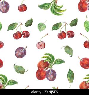 Nahtloses Muster aus Kirsche, Pflaumenzweigen mit Blättern, die von Hand in Aquarell gezeichnet sind. Reife Beeren auf Obstbäumen. Obst ist sehr bemalt Stockfoto