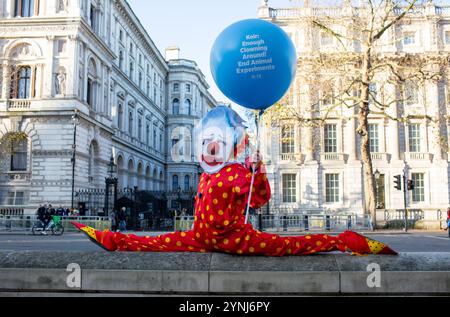 London, England, Großbritannien. November 2024. PETA-Aktivisten, die als Clowns und Masken ehemaliger britischer Premierminister gekleidet sind, protestieren vor der Downing Street und rufen den derzeitigen Premierminister Keir Starmer auf, das Clowning Around zu beenden und Tierversuche zu beenden. Credit: Richard Lincoln/Alamy Live News Stockfoto