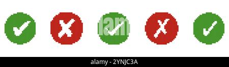 Gepixelte grüne Häkchen und rote X-Symbole in Kreisen für Retro UI Design. Erfassung von Erfolgs- und Fehlerzeichen. Symbole für Genehmigung und Ablehnung Stock Vektor