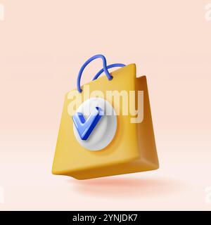 3D-Einkaufstasche mit grünem Häkchen isoliert Stock Vektor