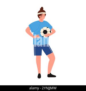 Fußballspieler in Uniform für Sportspiele, Frau, die Ballvektor-Illustration hält Stock Vektor