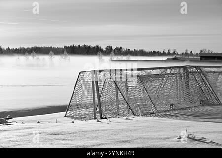 Das Schwarzweiß-Foto zeigt eine ruhige Winterlandschaft mit einem mattierten Fußballtor auf einem schneebedeckten Feld. Der Nebel rollt sanft über den Hor Stockfoto