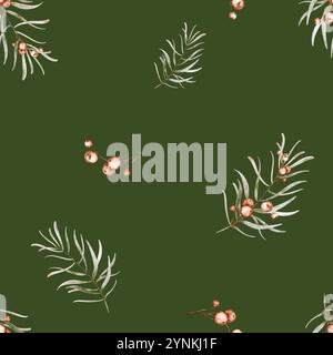 Weihnachten Aquarellmuster mit stechpalmen roten Beeren und Rosmarinzweigen auf grünem Hintergrund. Einfaches nahtloses Ornament mit Pflanzendetails und Blättern Stockfoto