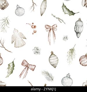 Nahtloses Muster mit Weihnachtsaquarell und Vintage-Spielzeug. Weihnachtshintergrund mit Engel, stechpalme, Ball für Geschenkpapier oder Neujahrsbanner. Abbildung W Stockfoto