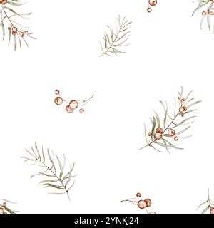 Weihnachten Aquarellmuster mit stechpalmen roten Beeren und Rosmarinzweigen auf weißem Hintergrund. Einfaches nahtloses Ornament mit Pflanzendetails und Blättern Stockfoto