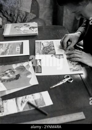 1950er Jahre, Geschichte, Fotografie, an einem kleinen Holztisch sitzend, ein Mann, der sich darauf vorbereitet, eine Reihe kleiner Amateur-Fotozeitschriften zusammenzubinden. Der erste Titel, der für den Fotografen veröffentlicht wurde, war Amateur Photographer im Jahr 1884 und in den folgenden Jahrzehnten eine Reihe anderer Publikationen, unter anderem von Filmproduzenten wie Kodak, dessen britische Firma eine Zeitschrift, das Kodak Magazine, veröffentlichte. Der ursprüngliche Titel stammt aus den 1920er Jahren und war Kodak Magazine for Amateur Photographs. Stockfoto