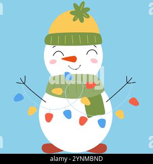 Süße Schneemänner mit Hut und Schal mit Girlande. Illustration zum Neujahr Stock Vektor