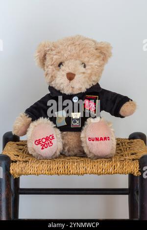 Cunard Teddybär weiches Kuscheltier mit 175 Jahren schwarzem Pullover auf Hocker - hergestellt in Indonesien, Keel Toys Stockfoto