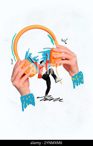 Composite Trend Artwork Bild Foto Collage des kleinen jungen Mannes sorglos Stand Hand halten riesige Kopfhörer hören Musik Party Tanz Entspannen Stockfoto