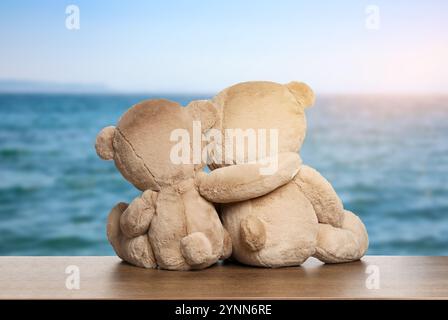 Umarmende Teddybären auf hölzernem Boden mit Blick auf die malerische Meereslandschaft, Rückansicht Stockfoto