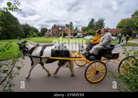 British Driving Society Event in Sarratt, Hertfordshire, verschiedene britische Pferdekutschen im ländlichen Setting Stockfoto