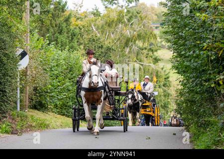 British Driving Society Event in Sarratt, Hertfordshire, verschiedene britische Pferdekutschen im ländlichen Setting Stockfoto