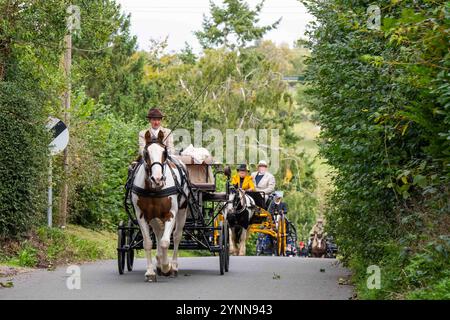 British Driving Society Event in Sarratt, Hertfordshire, verschiedene britische Pferdekutschen im ländlichen Setting Stockfoto