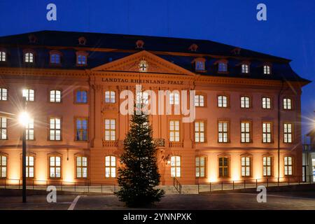 Aussenansicht des Landtags von Rheinland-Pfalz mit Weihnachtsbaum davor 26.11.24 *** Außenansicht des landtags von Rheinland-Pfalz mit Tannenbaum vorne 26 11 24 Stockfoto