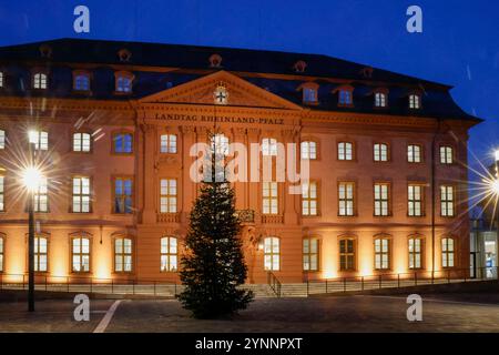 Aussenansicht des Landtags von Rheinland-Pfalz mit Weihnachtsbaum davor 26.11.24 *** Außenansicht des landtags von Rheinland-Pfalz mit Tannenbaum vorne 26 11 24 Stockfoto