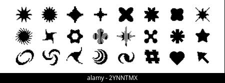 Schwarze Pixel-Symbole mit futuristischen Y2K- und 80er-Jahren-Retro-Elementen. Stock Vektor